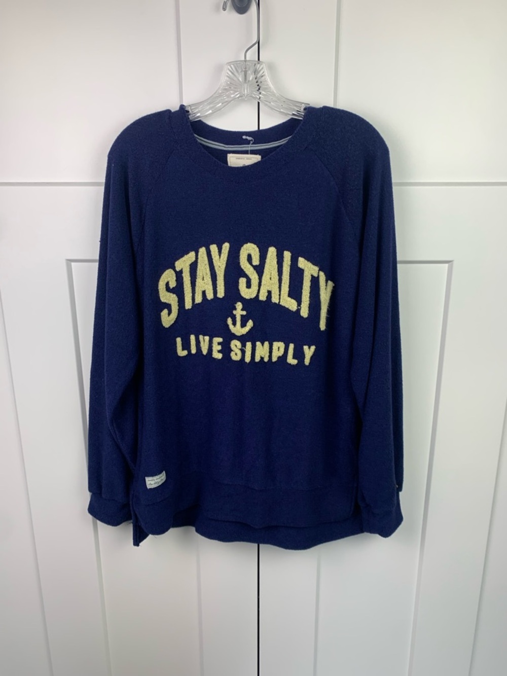 SIMPLY SOUTHERN Large STAY SALTY Terry Crew LONG SLEEVE SWEATSHIRT Navy Nautical - Picture 3 of 6